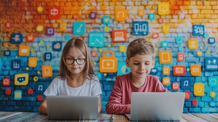 Two children, a boy and a girl, sitting at laptops and studying, online school, online courses, programming, online learning