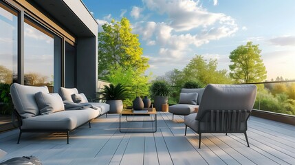 Wall Mural - A patio with a wooden deck and a view of trees