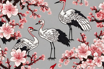  Embroidery oriental seamless pattern with cranes and cherry blossom.