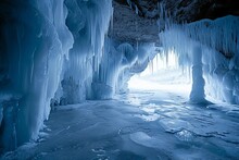 Beautiful Long Icicles Of A Frozen Waterfall With Water Flowing And Crashing Down And Ice Water Dripping From The Tips Of Icicles In A Cold Eery And Moody Atmosphere In A Cave In The Mountains
