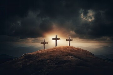 Wall Mural - three cross on the hill in dark cloudy with light from above. can be use for Easter or Christian background, copy space - generative ai