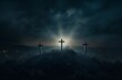 three cross on the hill in dark cloudy with light from above. can be use for Easter or Christian background, copy space - generative ai