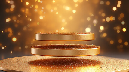 Wall Mural - podium on a golden background with blurred bokeh.