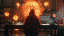 A Hacker Wearing An Anonymous Mask With A Cryptocurrency Digital Financial Background Cartoon Illustration Symbolizing Computer Security Of Financial And Crypto Assets, Bitcoin