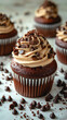 © puhimec - Close-up, chocolate cupcakes with white cream and chocolate crisps.