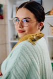 Fototapeta  - Beautiful Woman Posing with Her Adorable Bearded Dragon Pets