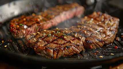 Close-up of Wagyu steak sizzling in a pan on a wood table, searing juices and releasing aromas