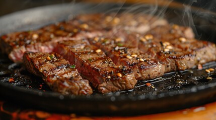 Wall Mural - Close-up of Wagyu steak sizzling in a pan on a wood table, searing juices and releasing aromas