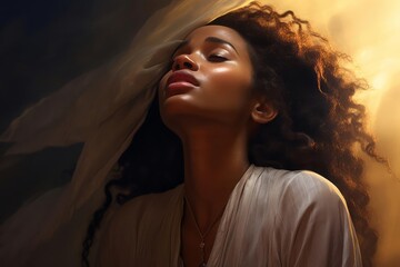 Beautiful young black woman looking up with tears in her eyes. Christian concept.