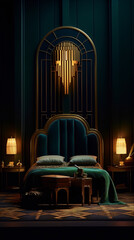 Poster - Art Deco style bedroom interior with green walls and golden elements