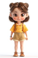 Wall Mural - A doll with brown hair wearing a yellow shirt and tan shorts.