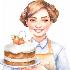 Smiling Woman Presenting a Homemade Strawberry Cake