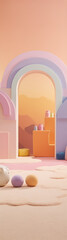 3D rendering of a surreal cartoon landscape with soft pastel colors and simple geometric shapes.