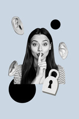 Poster - Vertical collage image of black white effect girl finger touch lips demonstrate shh symbol people ears lock protection isolated on blue background