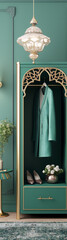 3d illustration of a green wardrobe with golden elements in an art deco style