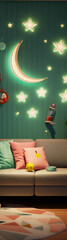 Wall Mural - 3d rendering of a cozy living room interior with sofa, pillows, moon and stars on the wall in cartoon style