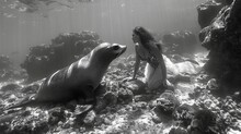 Beautiful Girl In Dress And Sea Lion In The Ocean Underwater. Black And White Photo.