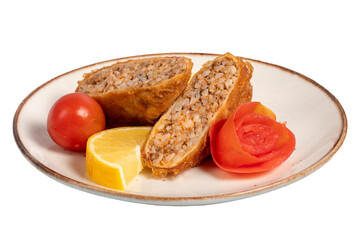 Wall Mural - Kadinbudu meatballs. Appetizer dishes. Traditional Turkish meatballs isolated on white background. local name kadınbudu köfte. Close up