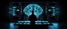 The Scientist Is Standing In Front Of A Futuristic Panel Of Buttons And Switches With Monitors Displaying Brainwave Patterns Panoramic View