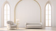 3D rendering, interior design, living room, sofa, armchair, table, lamp, arch, window, white, gold, luxury, elegant, minimalist