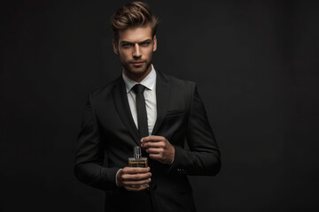 Beautiful young man in suit holds a bottle of perfume in his hand. Generative AI