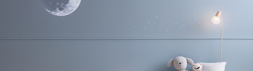 Wall Mural - A minimal child's room with a moon and stars on the wall, a lamp, and two stuffed animals.