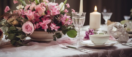 Poster - Elegantly decorated table with flowers in shades of purple, pink, and magenta, accompanied by flickering candles, wine glasses, and a delicate cup of tea