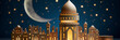 3D illustration of a paper cut out middle eastern style cityscape with a glowing mosque at night under a crescent moon.