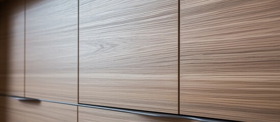 Poster - A close up of a rectangular hardwood cabinet with a metal handle, stained in a rich shade of wood. The fixture stands elegantly against a wooden flooring backdrop