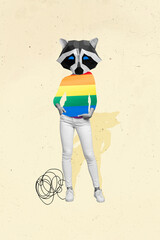 Wall Mural - Vertical creative magazine collage of young girl raccoon head sweatshirt lgbt choice freedom equality community isolated on yellow background