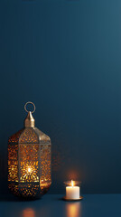 3D rendering of a glowing lantern and a candle on a blue background in a middle eastern style.