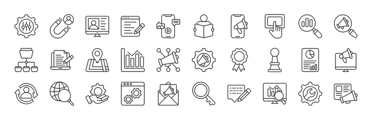 digital marketing vector thin line mini icons set. thin simple outline icon collection.