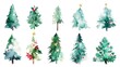 Set of 10 watercolor christmas trees illustrations. holiday festive illustrations,