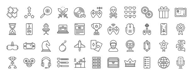 Online Games vector thin line mini icons set. Thin simple outline icon collection.