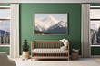 A minimalist nursery with a crib, a rocking chair, and a dresser. The walls are painted green and the furniture is white. There is a large window that lets in plenty of natural light.