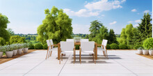 Modern Minimal Outdoor Patio With White Table And Chairs Set On Tiled Floor With Trees And Hills In The Background
