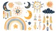 hand drawn boho clipart for nursery decoration with cute rainbows and moon, sun, cloud, dream catcher