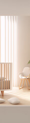 Wall Mural - 3D rendering of a modern nursery with a crib, rocking chair, and pillows on the floor in neutral colors.