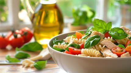 Wall Mural - Bowl of fresh chicken salad, pasta, baby spinach and cherry tomatoes, decorated with vegetables and olive oil. Generated by artificial intelligence.