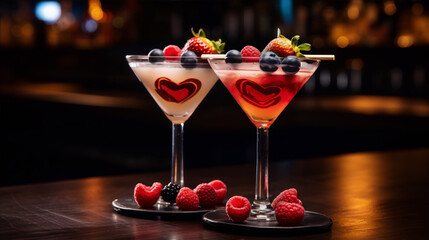 Two cocktails with berries on a bar counter with a blurred background.