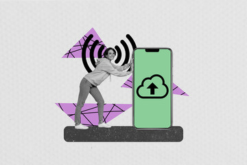 Poster - photo collage artwork picture of excited smiling lady downloading information virtual cloud isolated