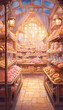 Bakery interior with shelves full of pastries and bread in warm colors with a fantasy theme.