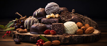Still Life Of Various Chocolate Candies And Nuts On A Wooden Table.