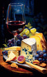 Still life painting of a glass of red wine, grapes, and cheese on a wooden table.