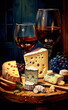 Still life painting of a wooden table with wine, grapes, brie and cheddar cheese.