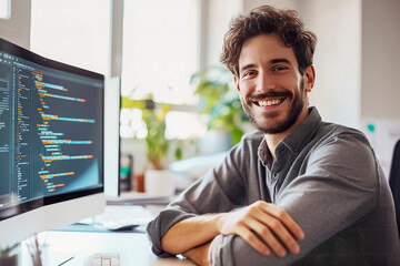 Close up male engineer smiling at computer screen.