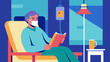 © Justlight - In a brightly lit chemo infusion room a patient wearing a face mask receives their treatment while reading a book. The cozy setup suggests long