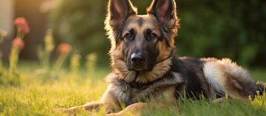 Poster - A German shepherd dog is peacefully laying in the grass, its intelligent eyes fixed on the camera, showcasing its natural herding instincts as a terrestrial carnivore breed