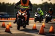 Motorcycle driving instructor putting traffic