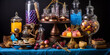 Still life of a table full of sweets and desserts with a dark blue background.